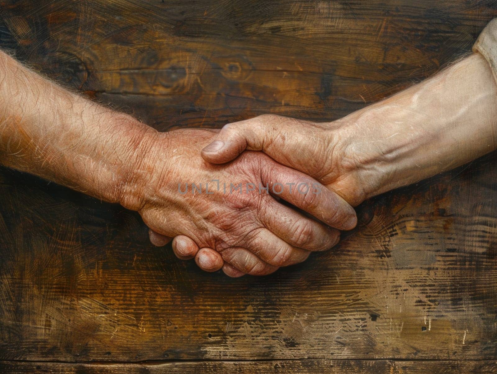 Close-up of a firm handshake between two individuals over a rustic wooden table, symbolizing agreement, trust, or partnership.