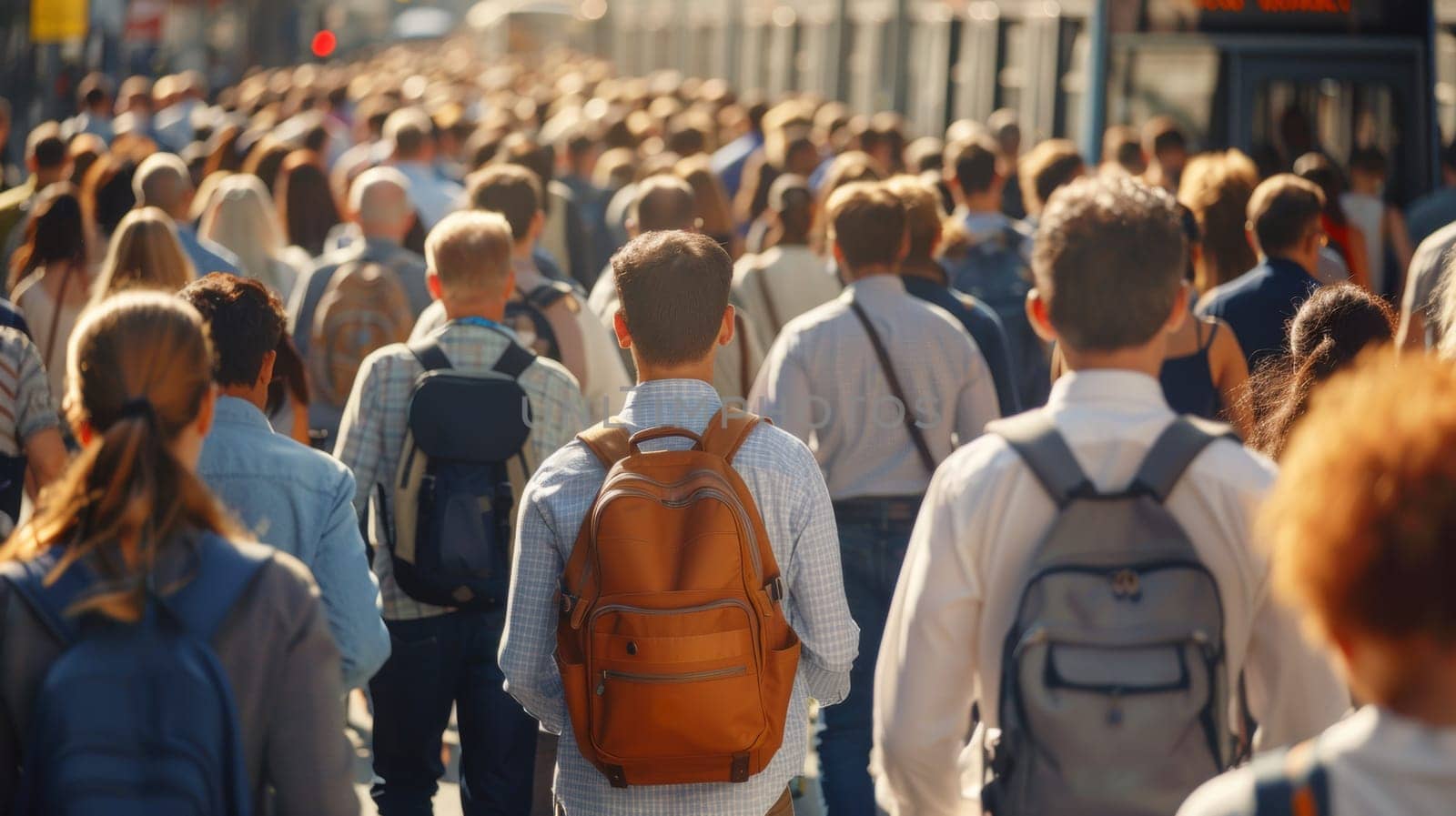 A large group of people walking down a street with backpacks