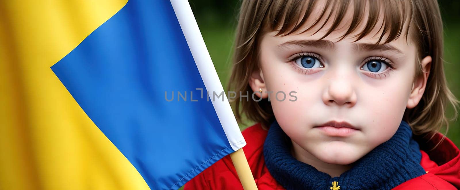 A young girl holds a yellow and blue flag in front of her face.