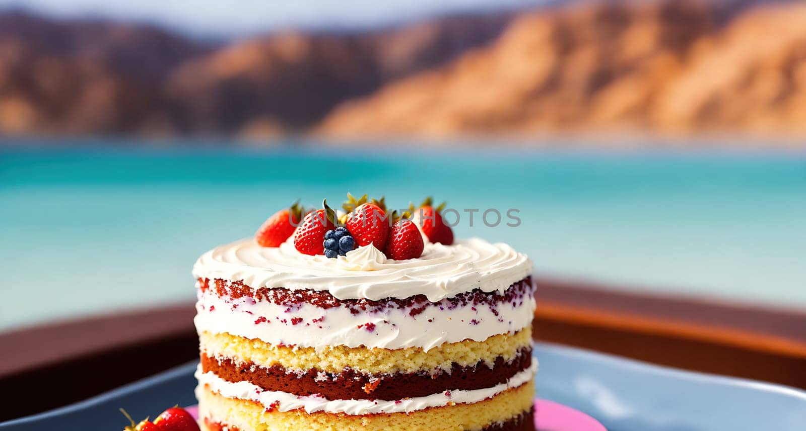The image shows a cake with strawberries and whipped cream on top, sitting on a plate with a view of the ocean in the background.