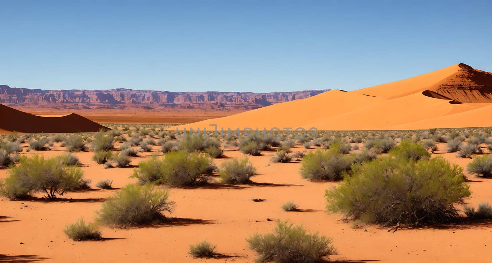 The image shows a vast, arid desert with sand dunes and small shrubs scattered throughout. The sky is clear and blue.