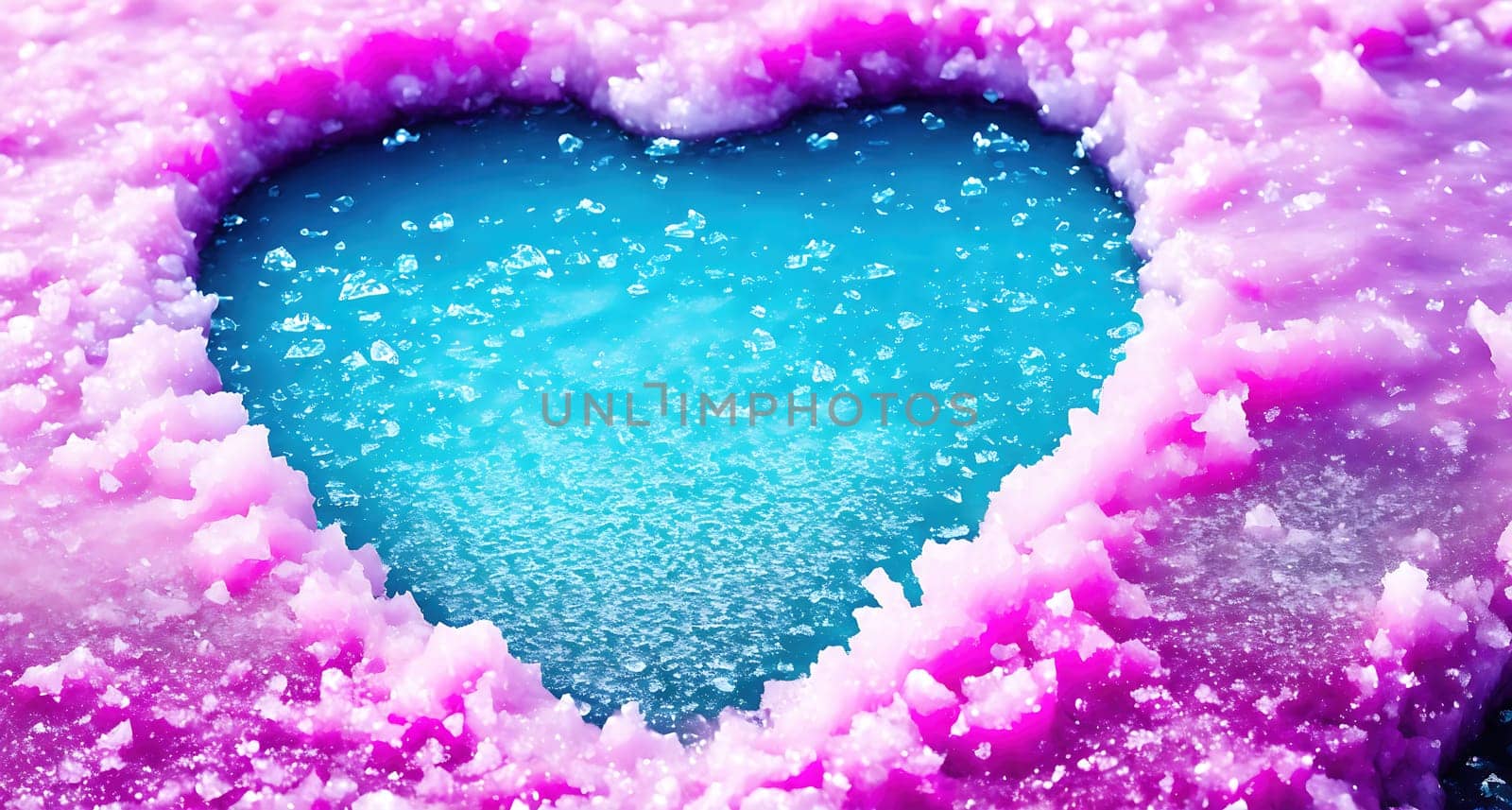 The image shows a heart made out of pink and blue ice crystals.