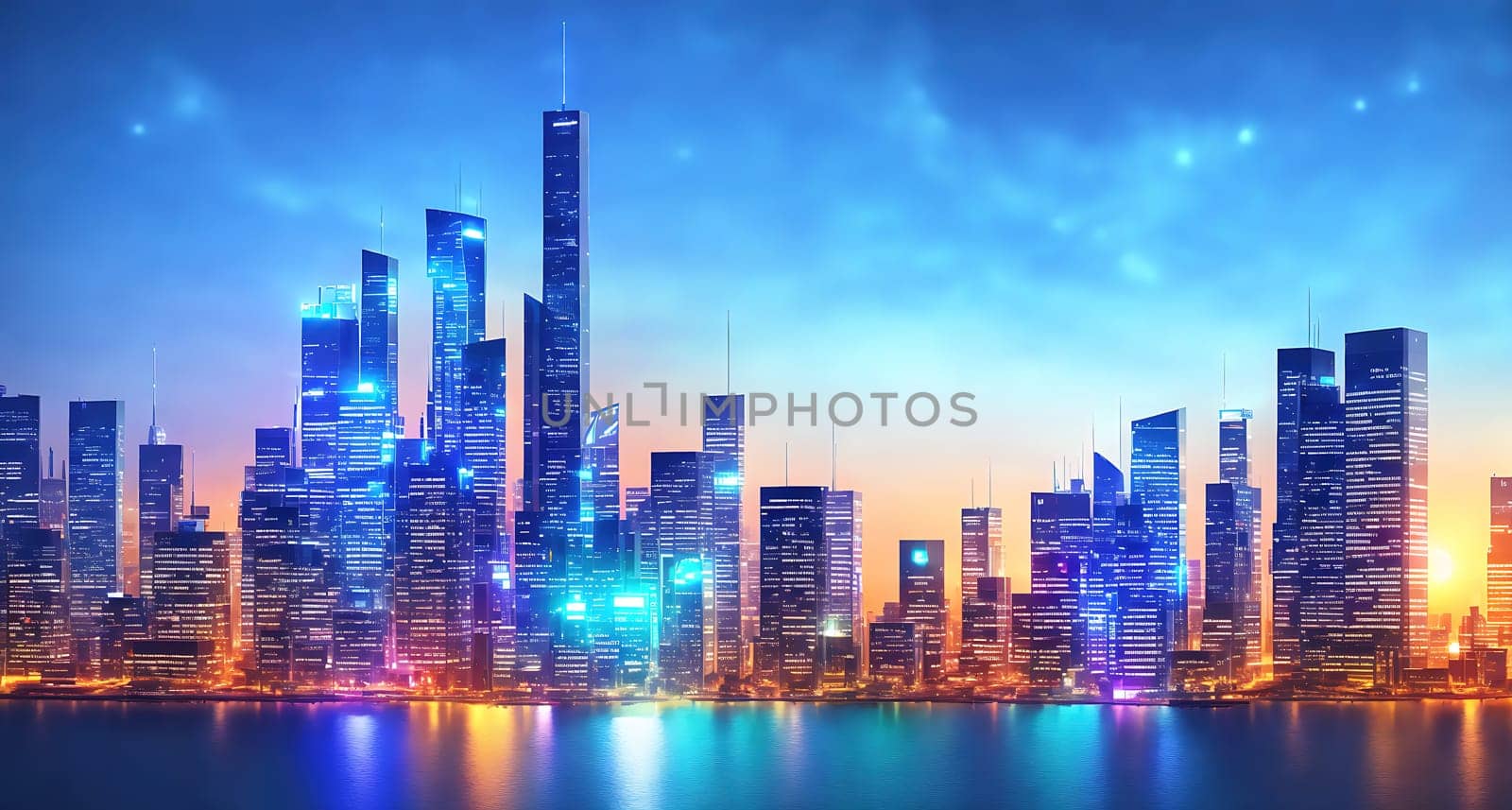 The image shows a futuristic city skyline at dusk, with brightly lit skyscrapers reflecting off the water.