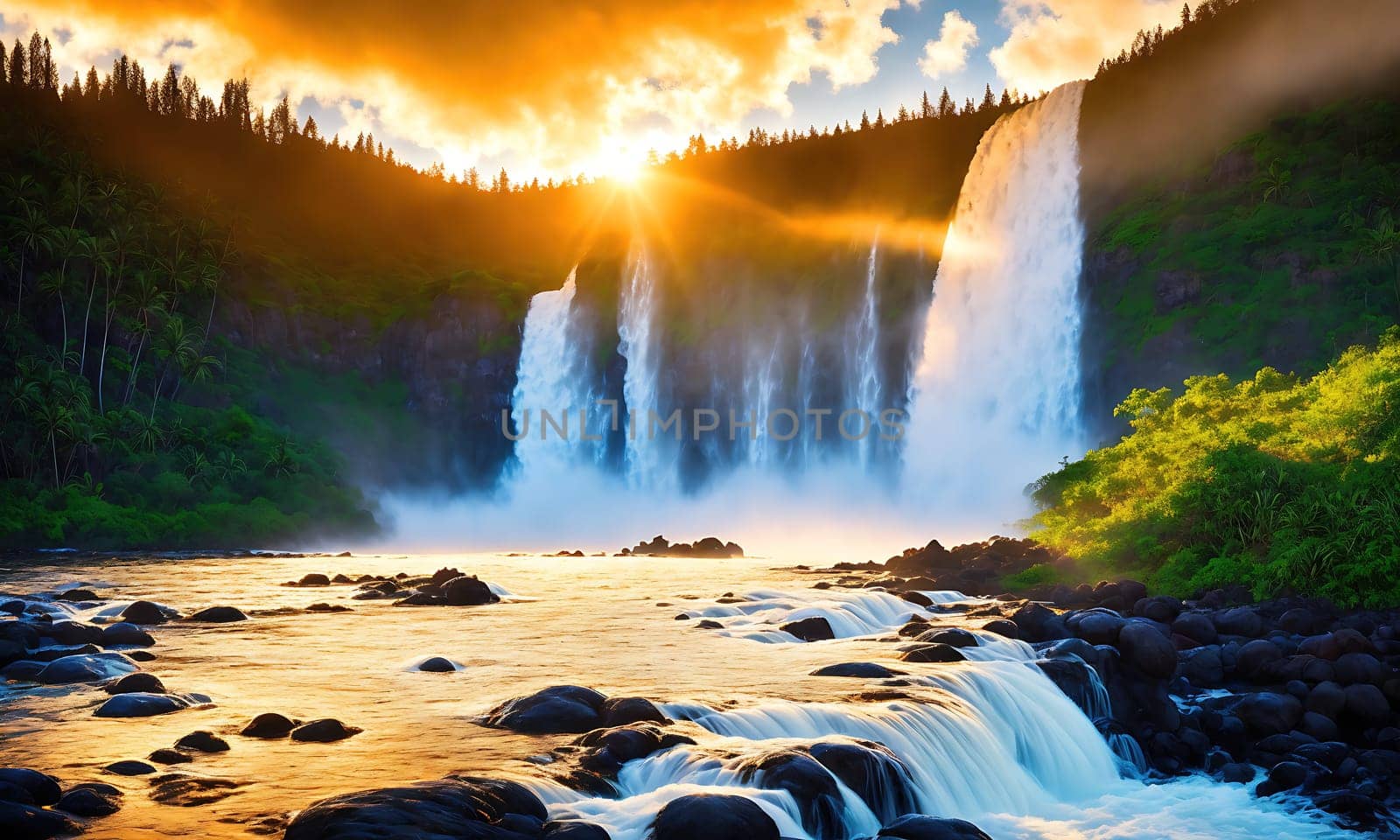 The image shows a waterfall in the mountains with the sun shining behind it.