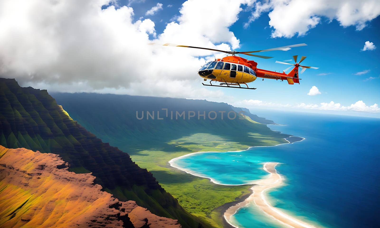 A helicopter flies over a lush green valley with a body of water in the distance.