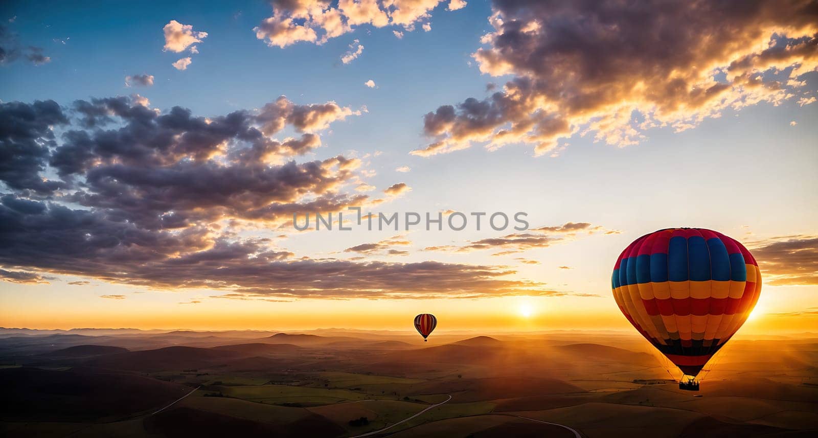 The image shows two hot air balloons flying in the sky during sunset with mountains in the background.