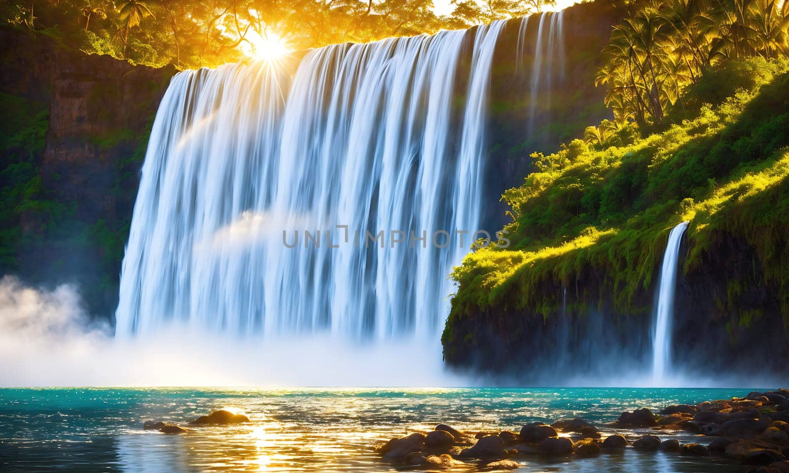 The image shows a beautiful waterfall in the middle of a lush forest, surrounded by green trees and a blue sky.