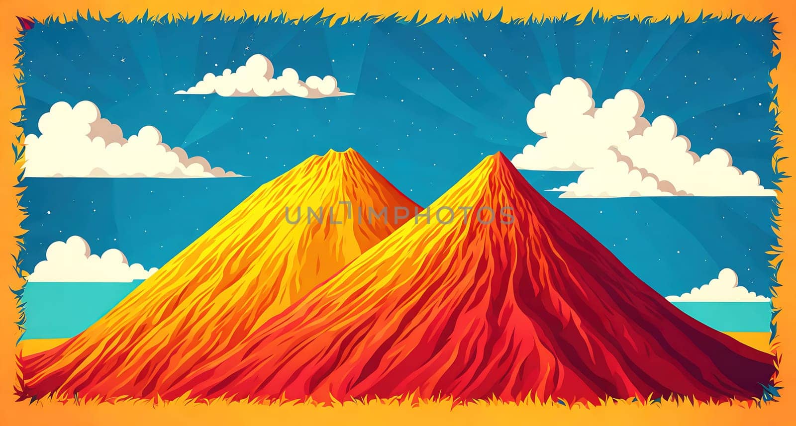 The image shows two mountains with orange and yellow colors in the foreground and a blue sky with clouds in the background.