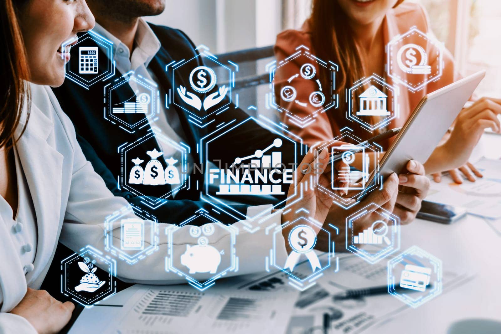 Finance and Money Transaction Technology Concept. Icon Graphic interface showing fintech trade exchange, profit statistics analysis and market analyst service in modern computer application. uds