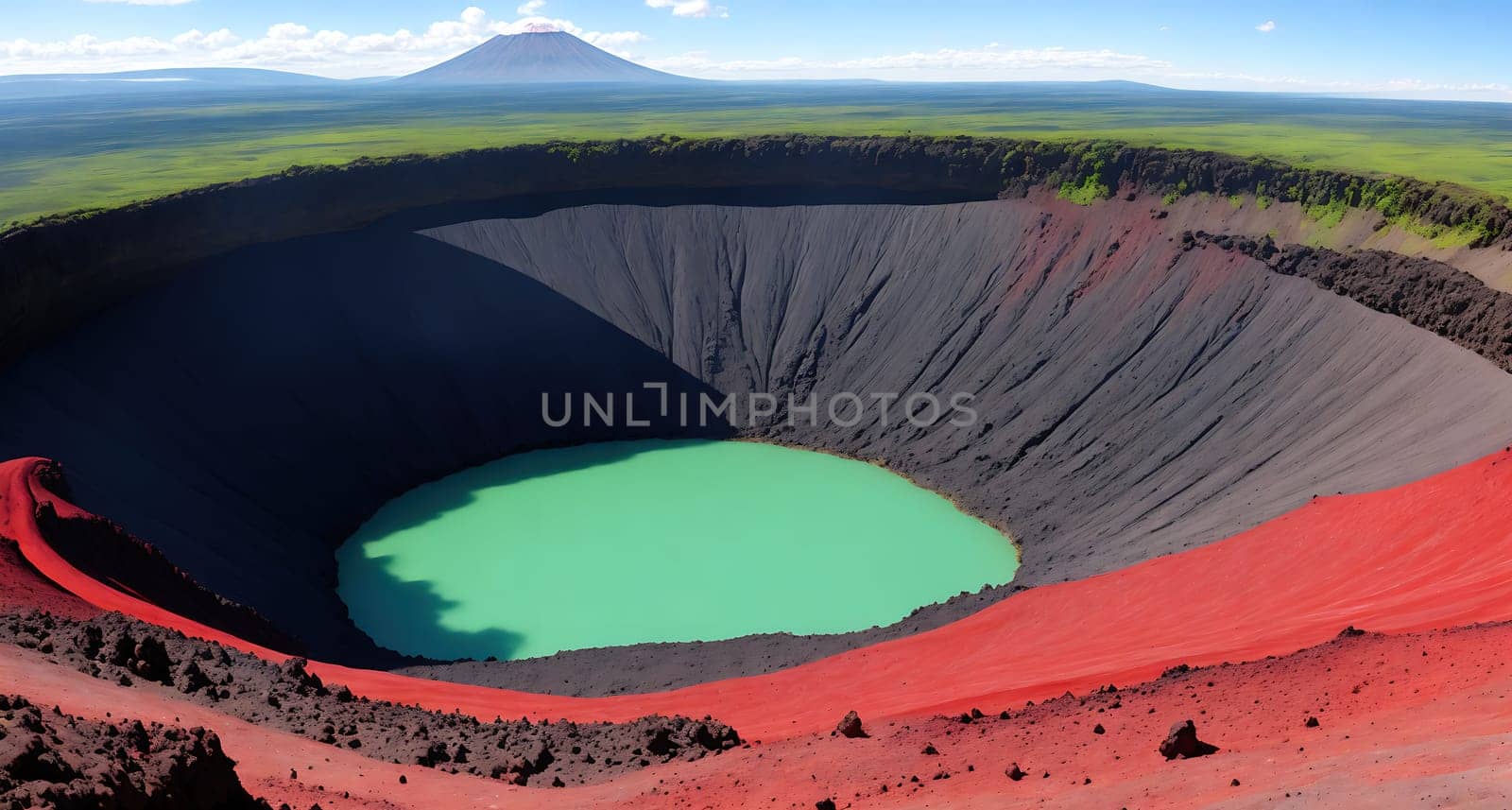 The image shows a large, red crater with a green center in the middle of a green field.