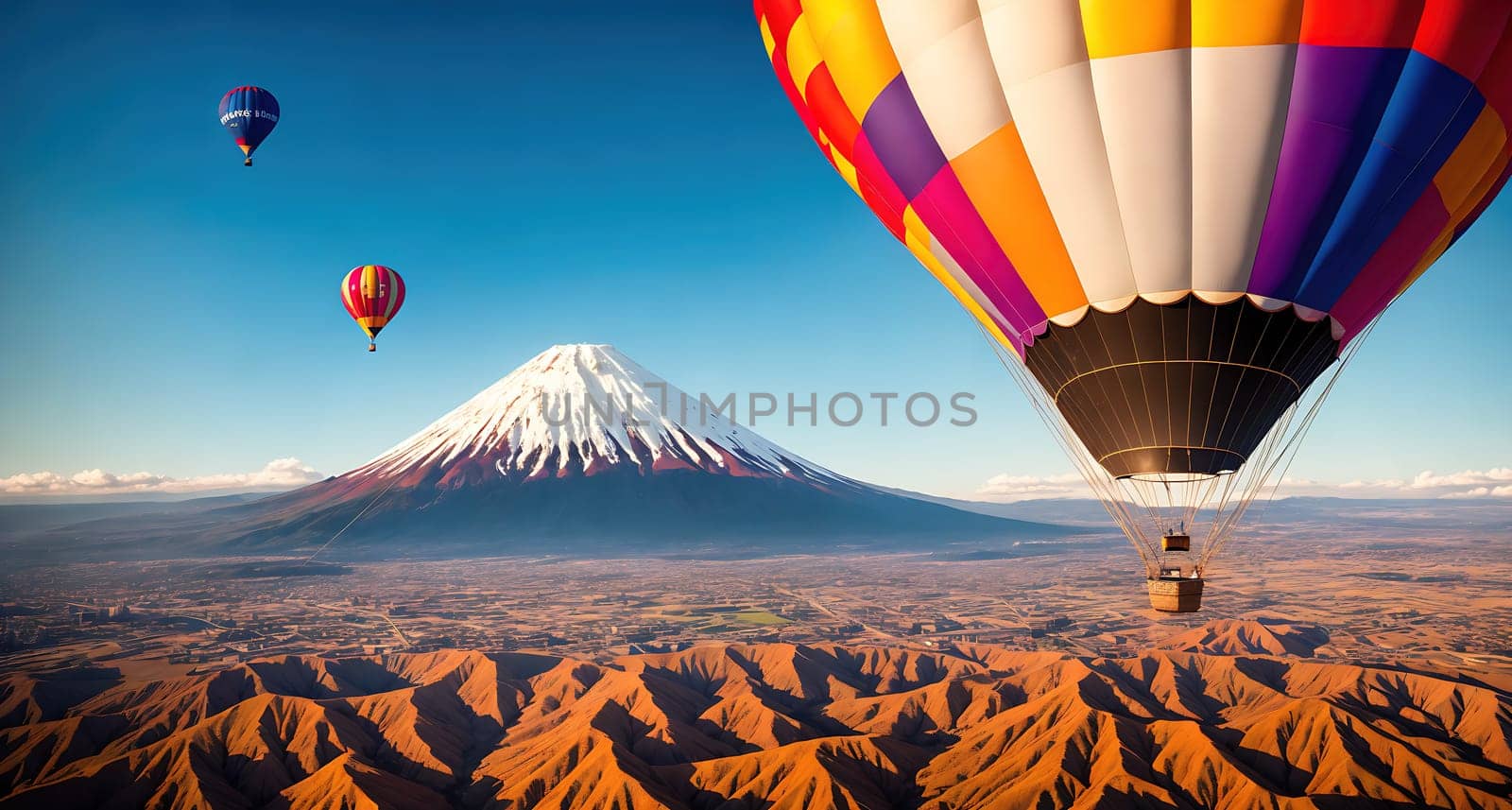 The image shows a group of hot air balloons flying over a mountain range with a volcano in the background.