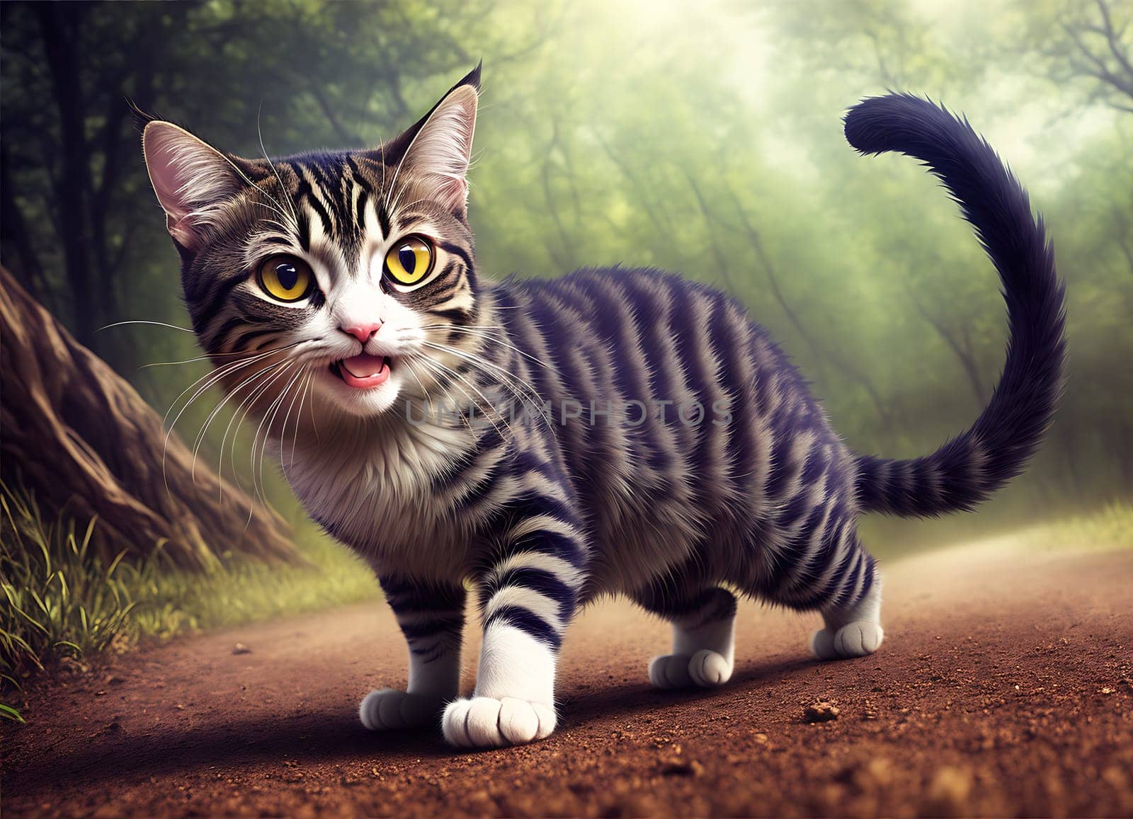 The image shows a striped cat standing on a dirt road in a forest, with its mouth open and its eyes looking ahead.