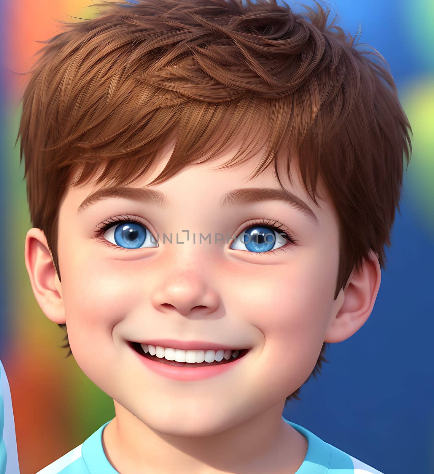The image is a cartoon representation of a young boy with brown hair and blue eyes, wearing a blue shirt and smiling at the camera.