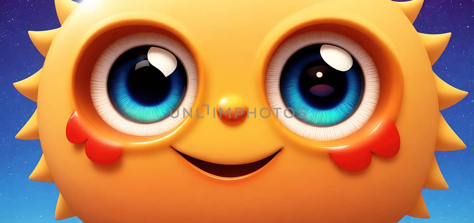 The image is a cartoon sun with big, round eyes and a smile on its face.