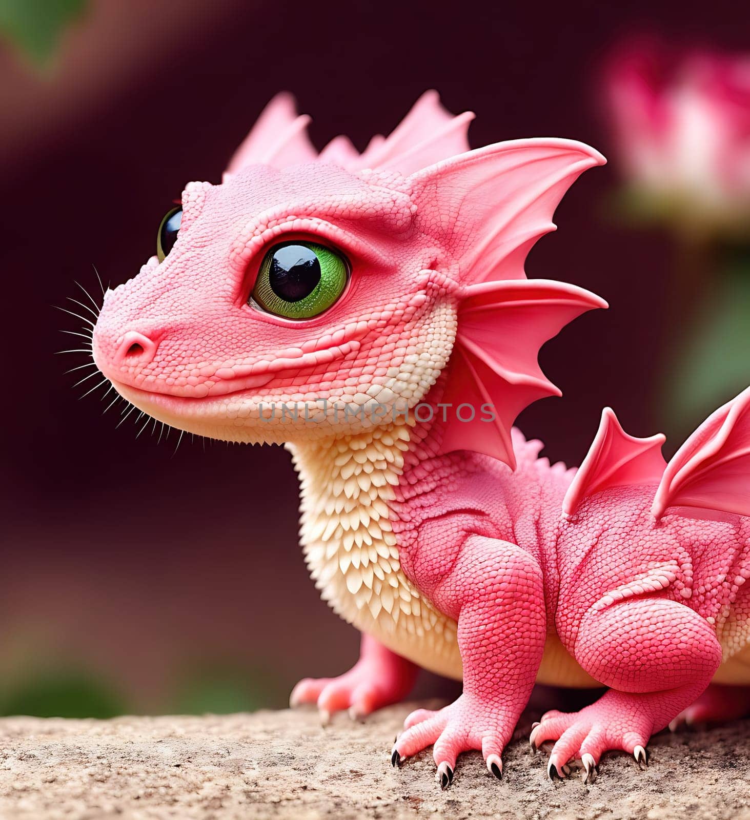 The image is a pink dragon with green eyes and spikes on its back, standing on a rock with pink flowers around it.