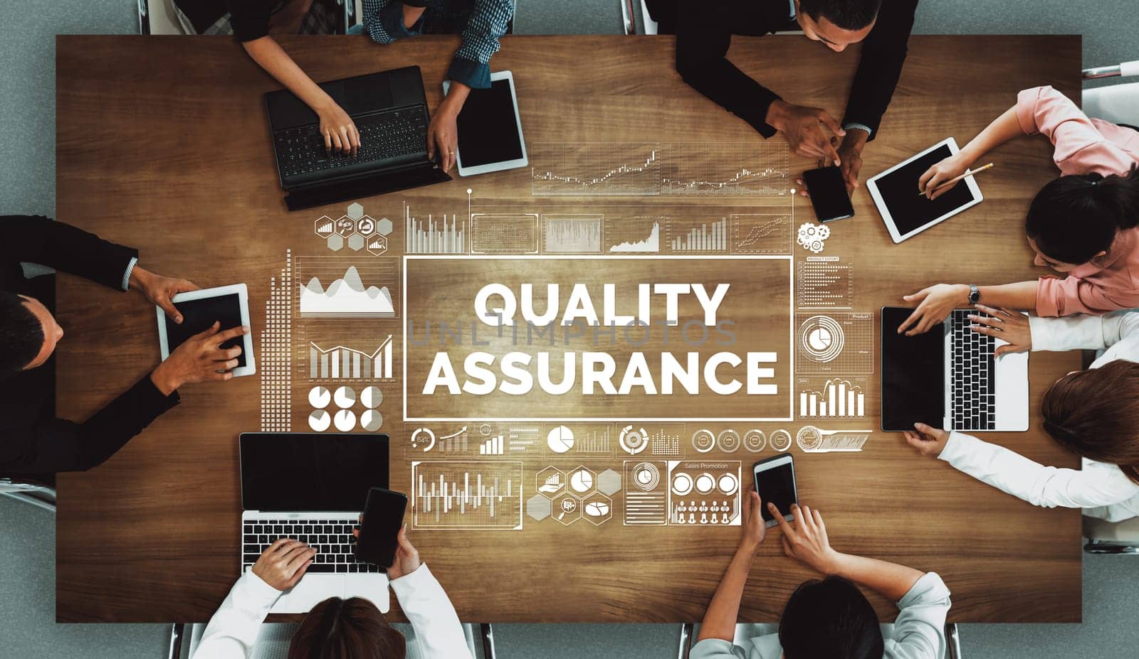 Quality Assurance and Quality Control Concept - Modern graphic interface showing certified standard process, product warranty and quality improvement technology for satisfaction of customer. uds