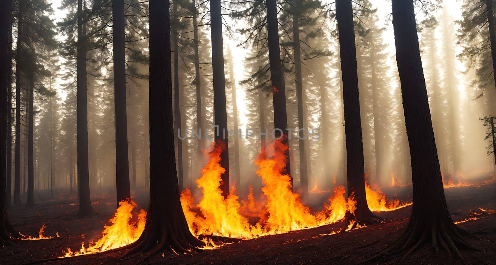 The image shows a forest with trees on fire, with flames burning in the background and smoke rising from the trees.