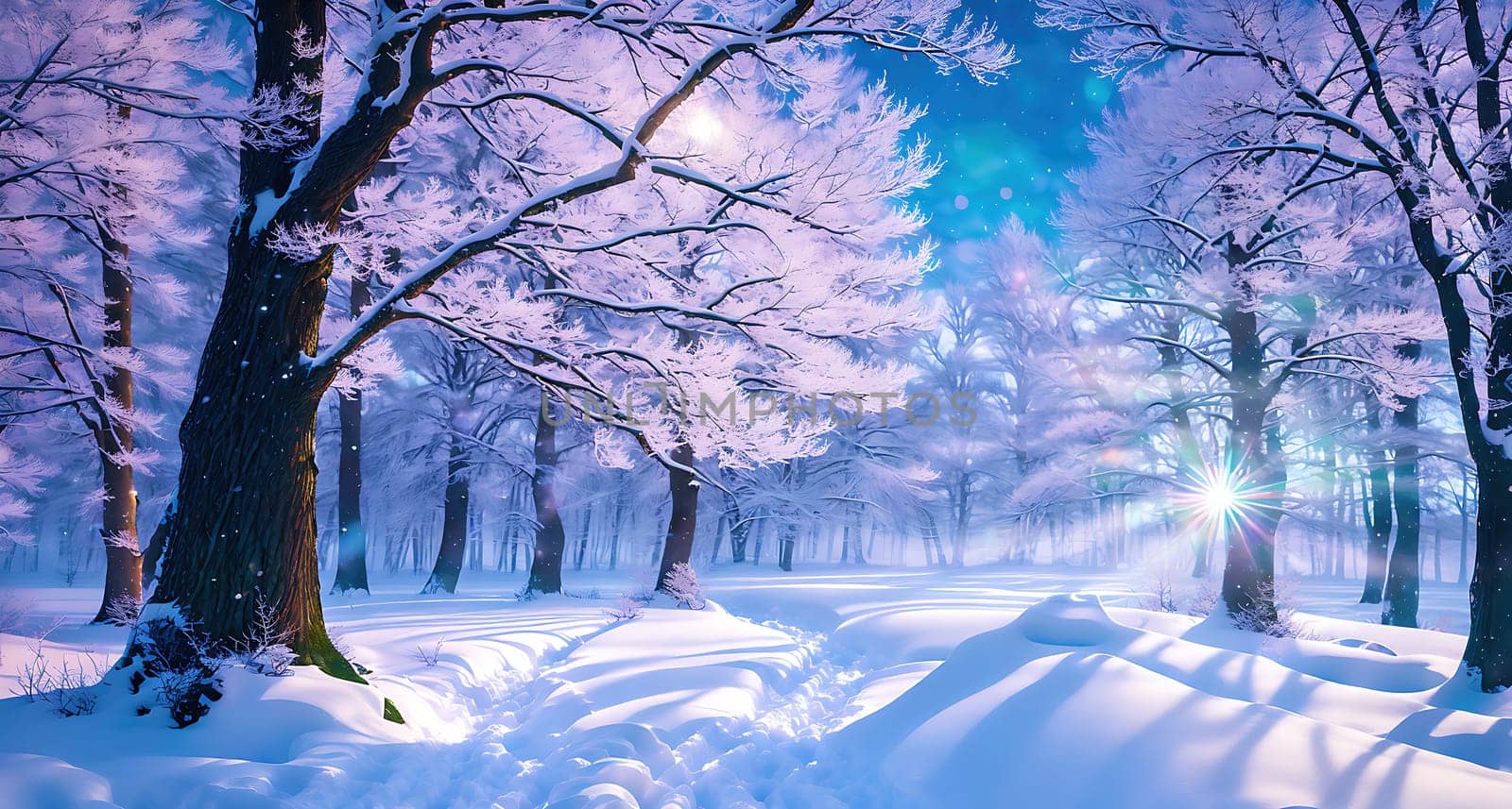 The image depicts a winter scene with snow covered trees and a path leading through the woods.