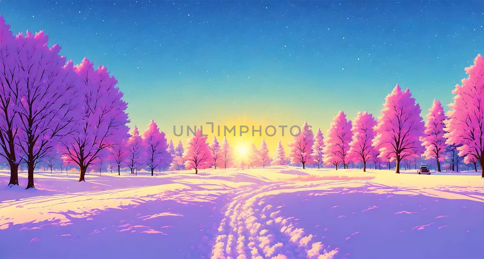 The image depicts a winter scene with pink trees in the foreground and a snowy landscape in the background.