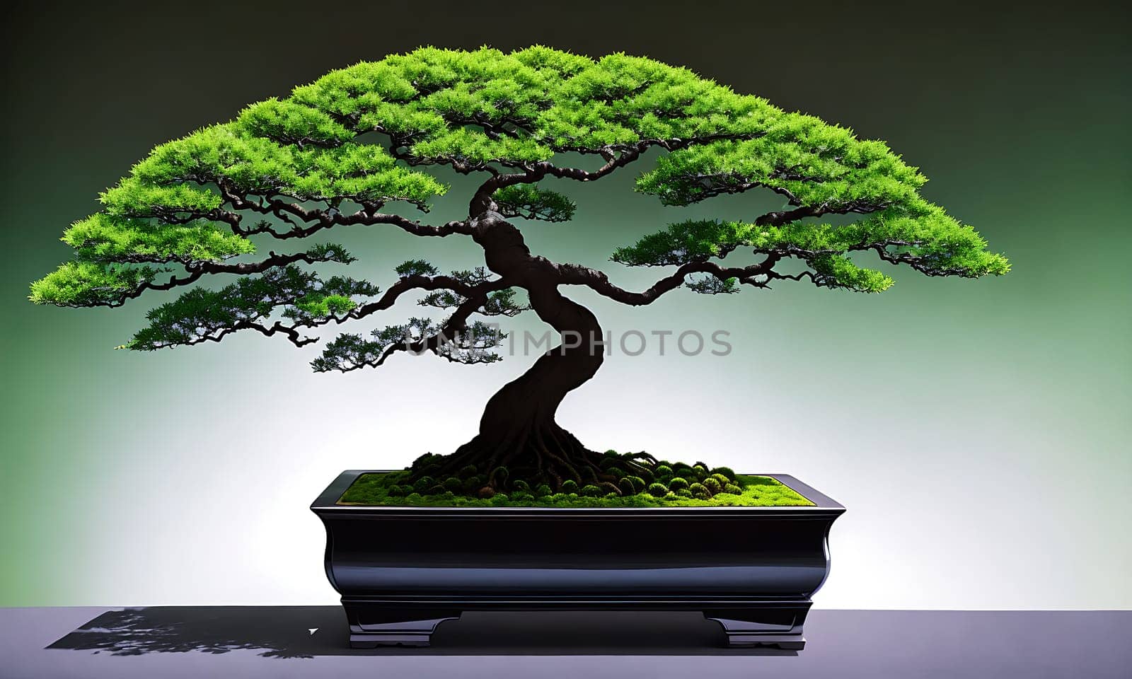The image shows a small Japanese bonsai tree growing in a black pot on a wooden table.