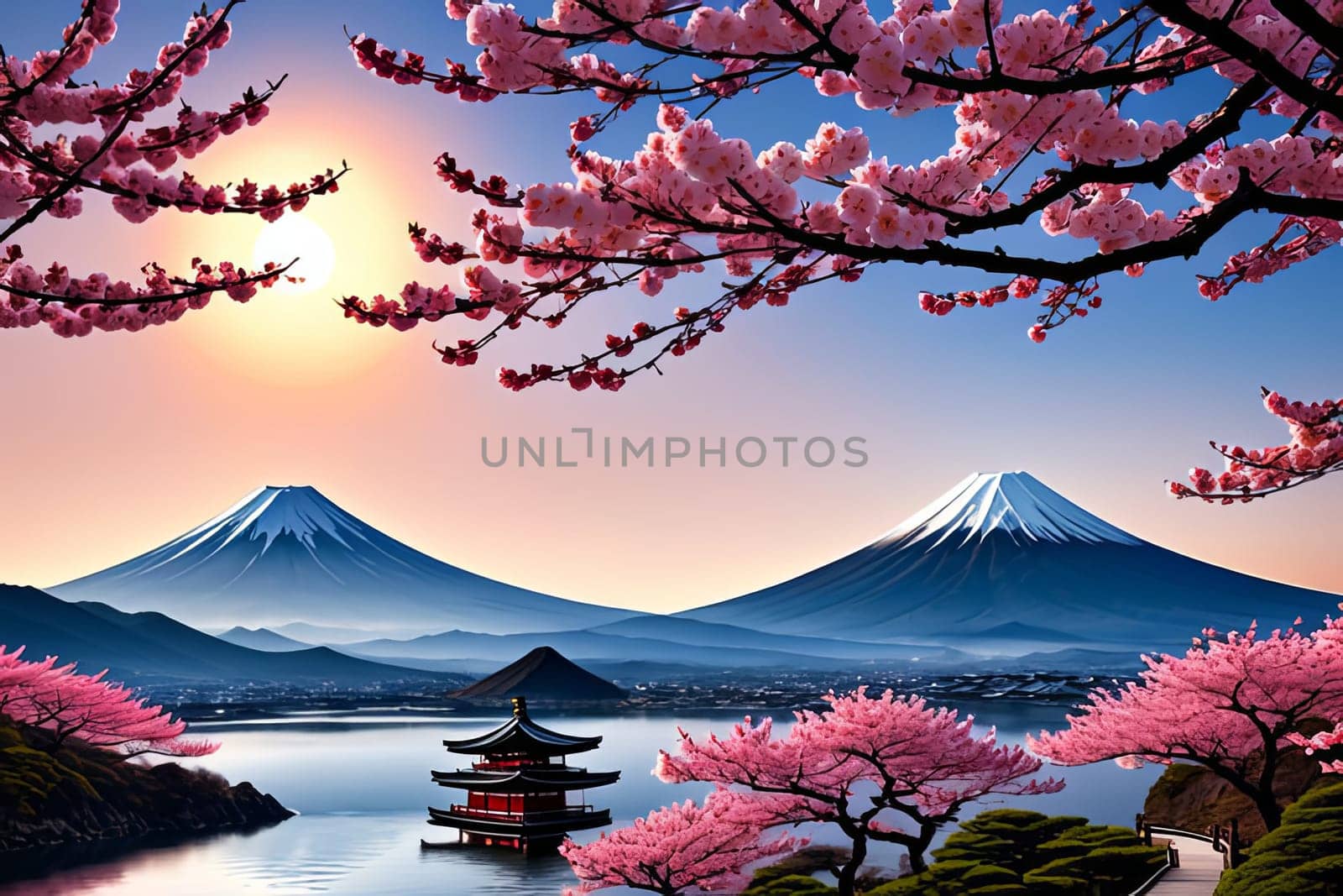 Japanese sunset over tranquil landscape, featuring traditional pagoda silhouetted against radiant sky. Blend of vibrant colors captures essence of peace. For art, creative projects, fashion, magazines