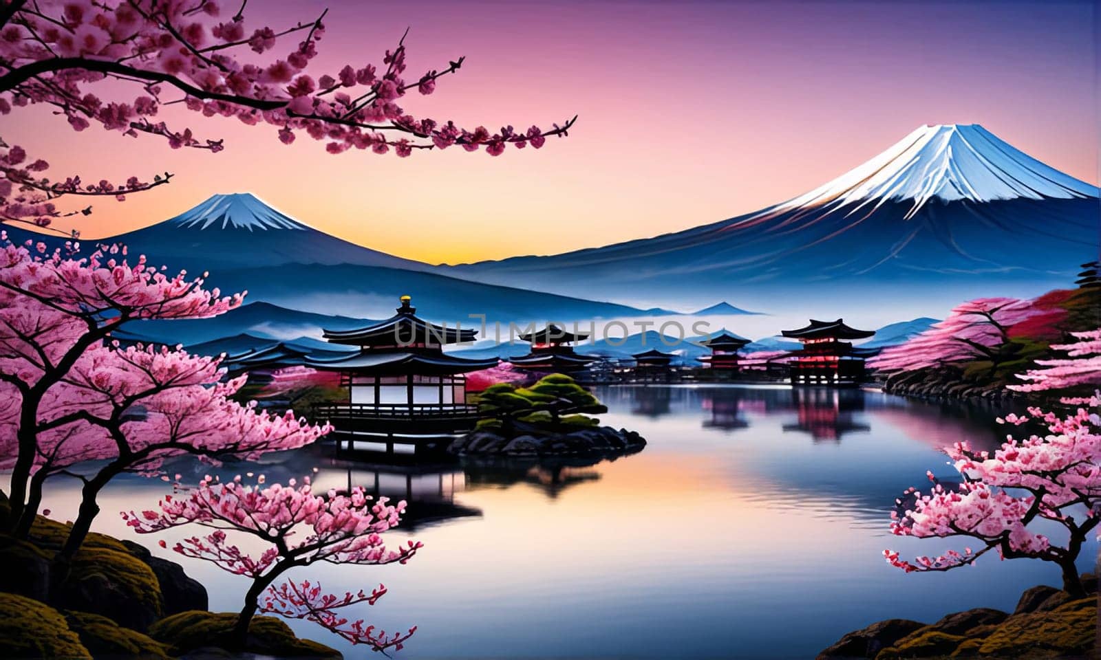 Serene landscape with mountain, pagoda in background. Sky is filled with beautiful pink hue, and moon is shining brightly. Concept of peace, tranquility. For art, creative projects, fashion, magazines