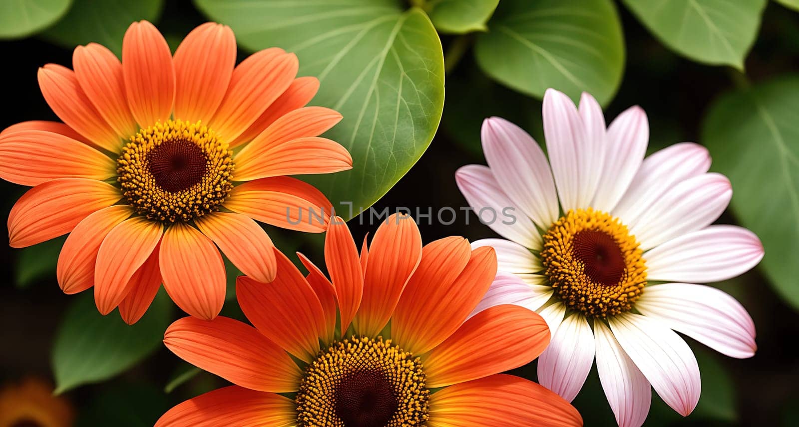 The image shows three colorful flowers with different petal shapes and sizes, surrounded by green leaves.