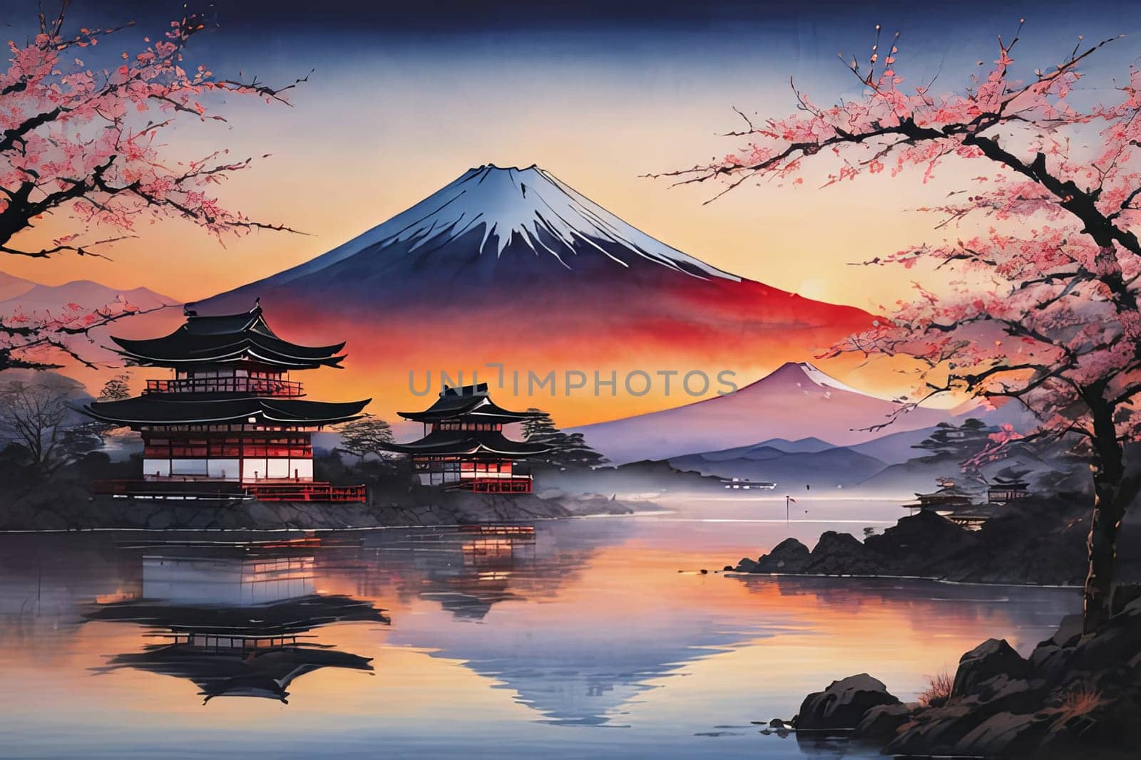 Serene landscape with mountain, pagoda in background. For meditation apps, on covers of books about spiritual growth, in designs for yoga studios, spa salons, illustration for articles on inner peace