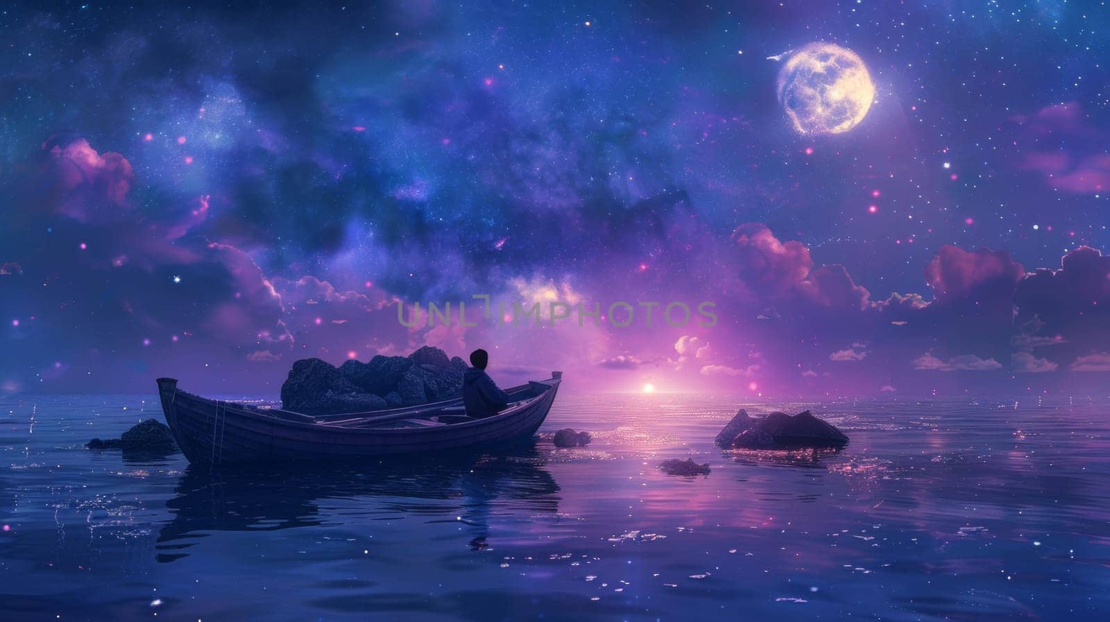 A man sitting in a boat on the water at night