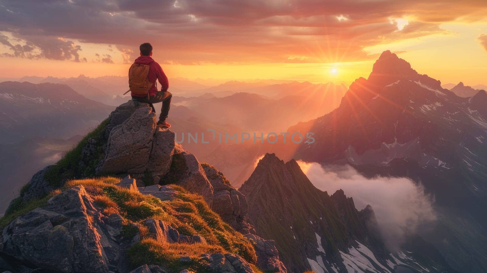 A man sitting on top of a mountain with his back to the sun