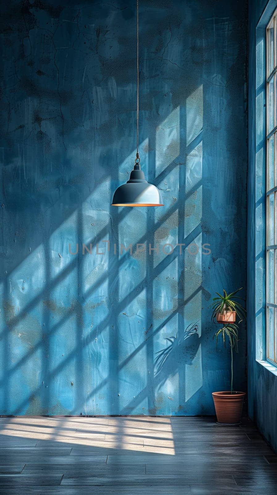 A blue wall with a potted plant and hanging light fixture