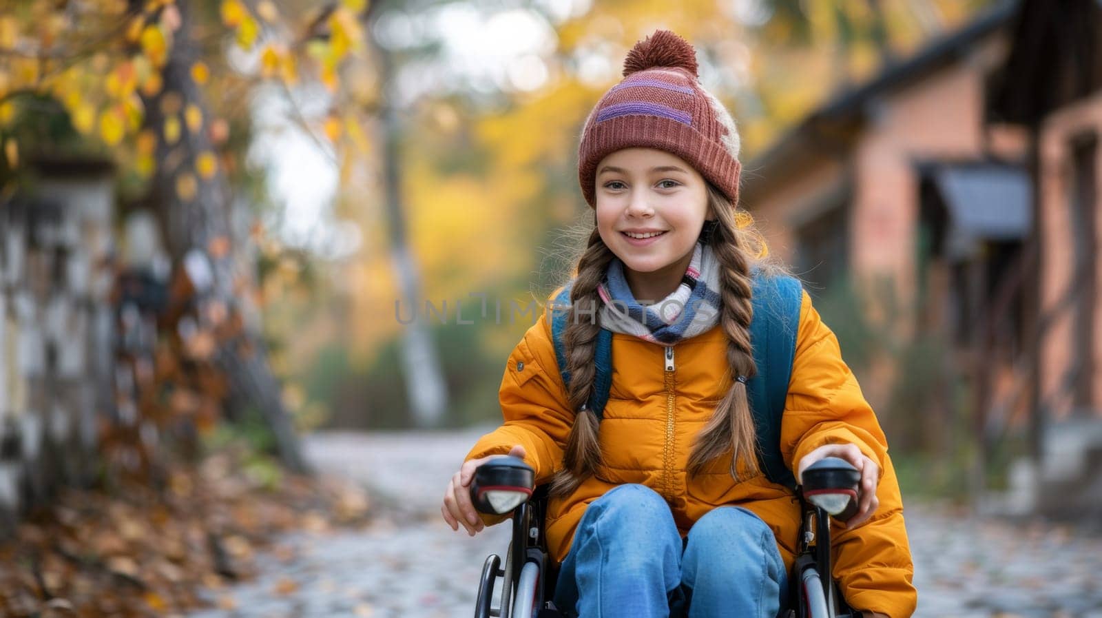 A young girl in a wheelchair smiling at the camera, AI by starush