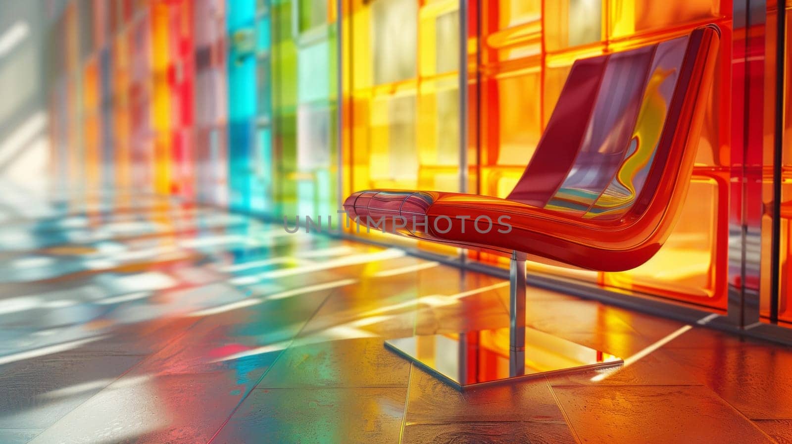 A chair sitting on a shiny metal surface in front of colorful glass