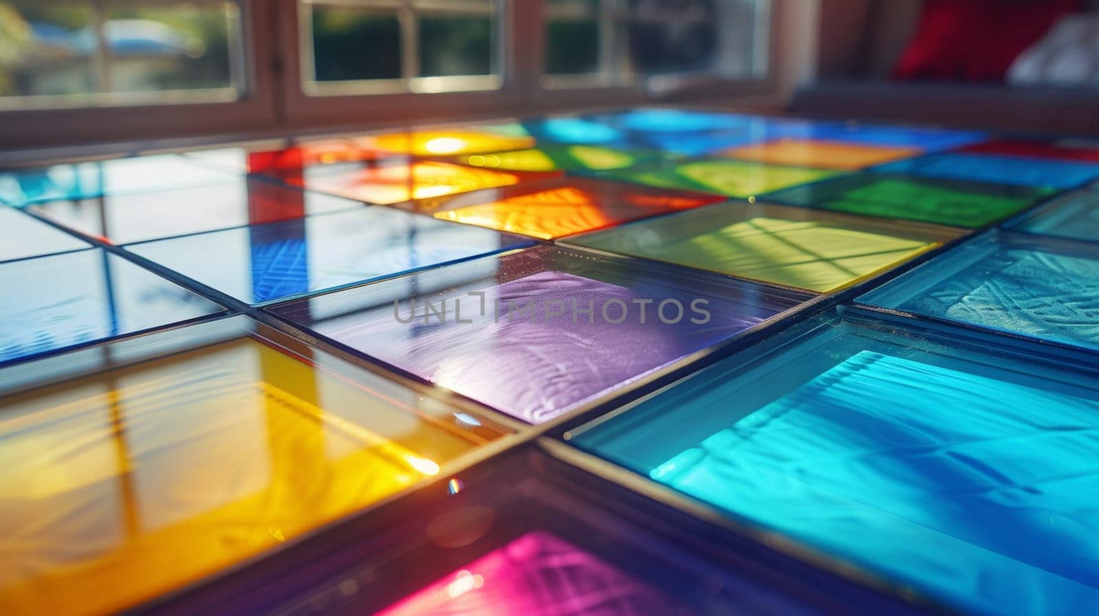 A glass table with many different colored squares on it