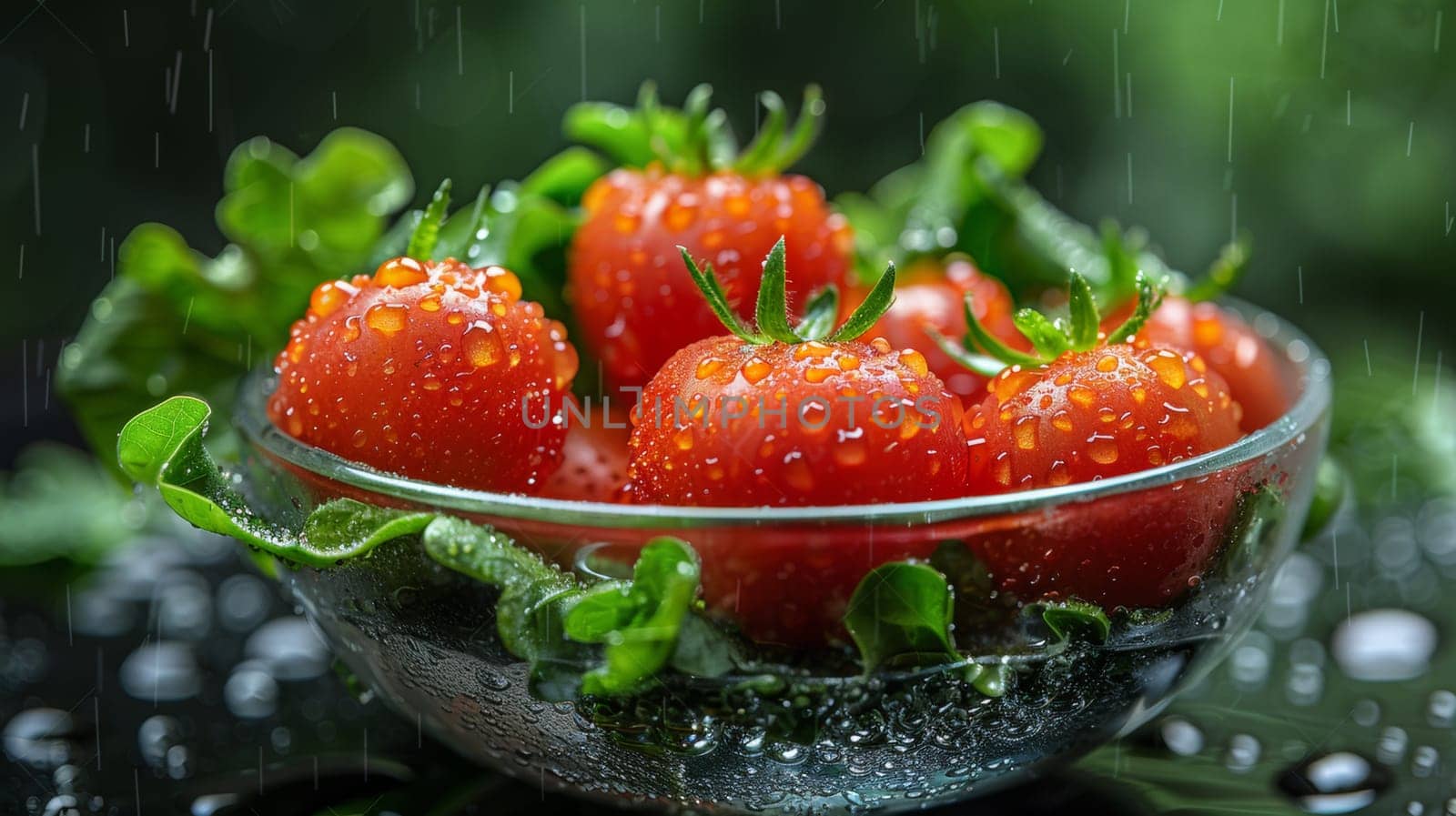 A bowl of strawberries with water droplets on them in a glass