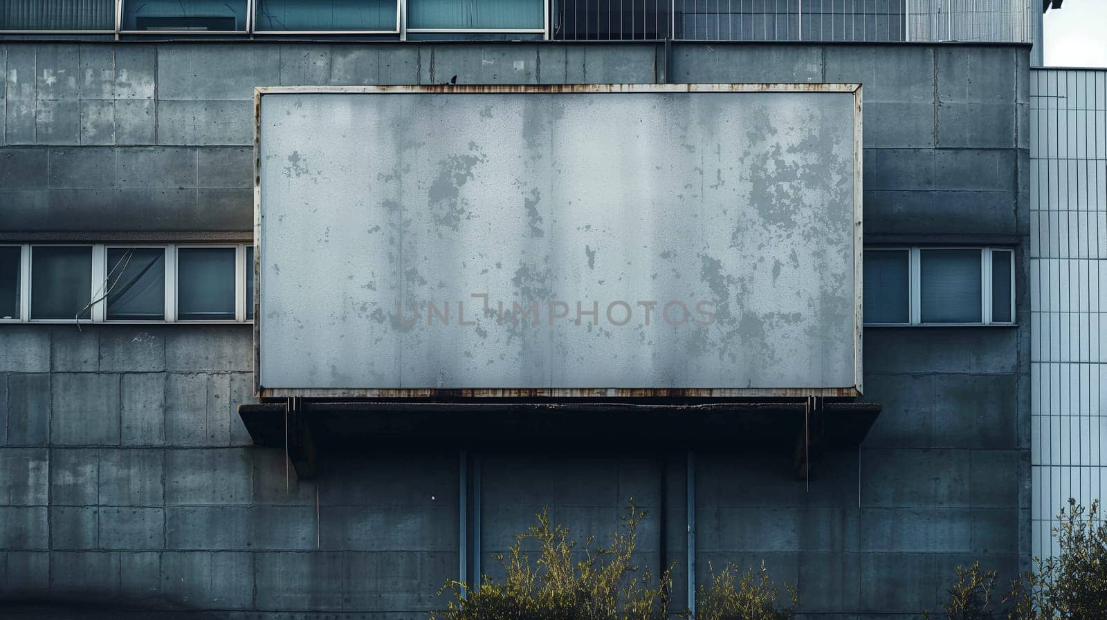 Large empty billboard awaits advertisement on a gray industrial structure, ideal for branding mockups - Generative AI