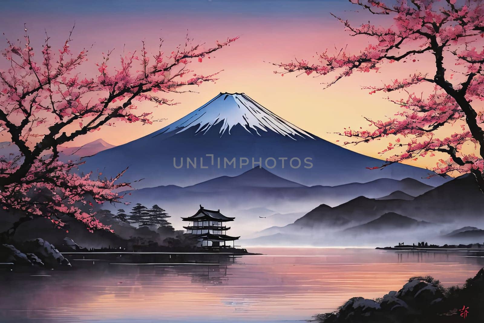 Painting of japanese Mount Fuji at sunset. For meditation apps, on covers of books about spiritual growth, in designs for yoga studios, spa salons, illustration for articles on inner peace, banner. by Angelsmoon
