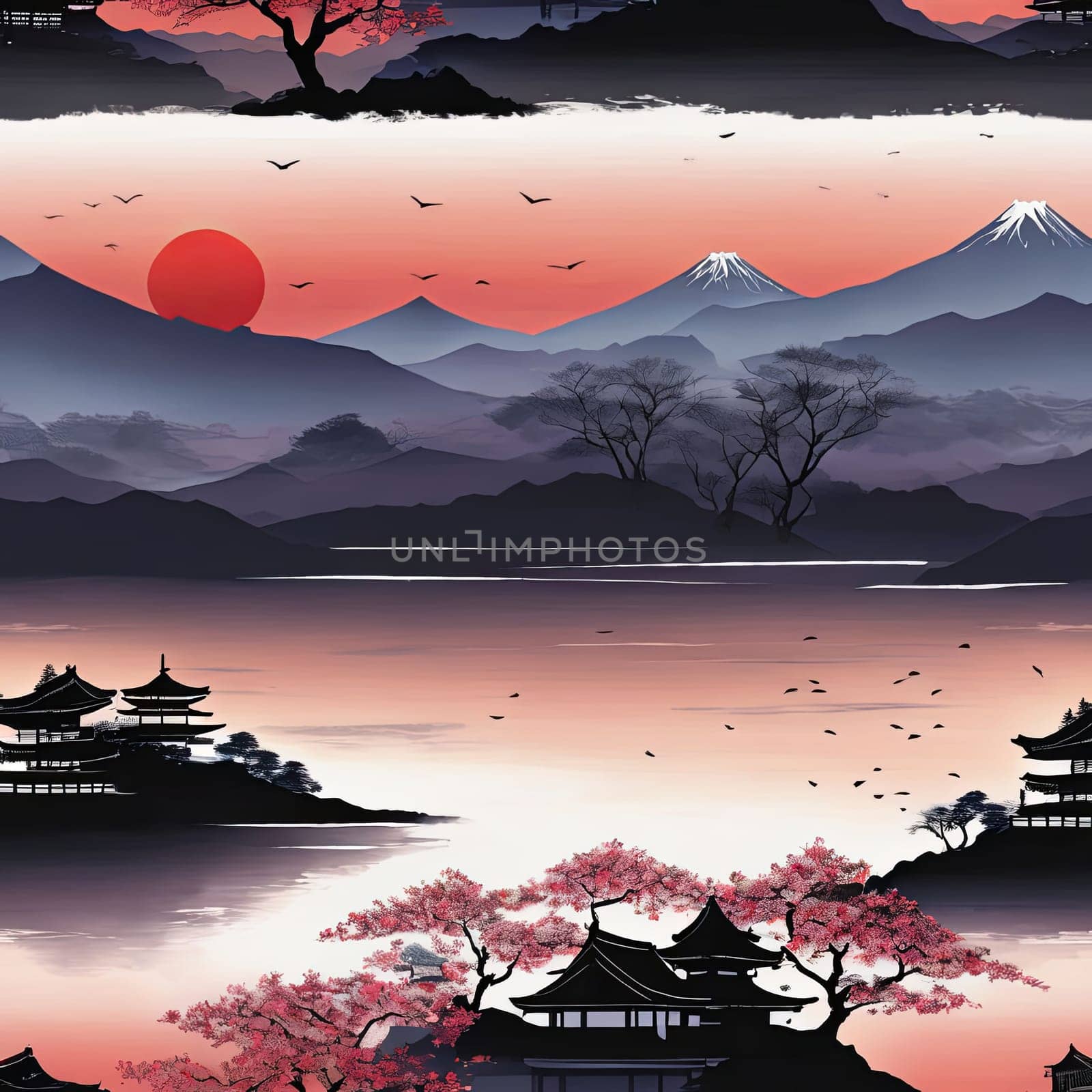 Beauty of Japanese landscape adorned with delicate cherry blossoms, symbolizing ephemeral nature of life, arrival of spring. For interior, commercial spaces to create stylish atmosphere, print, banner