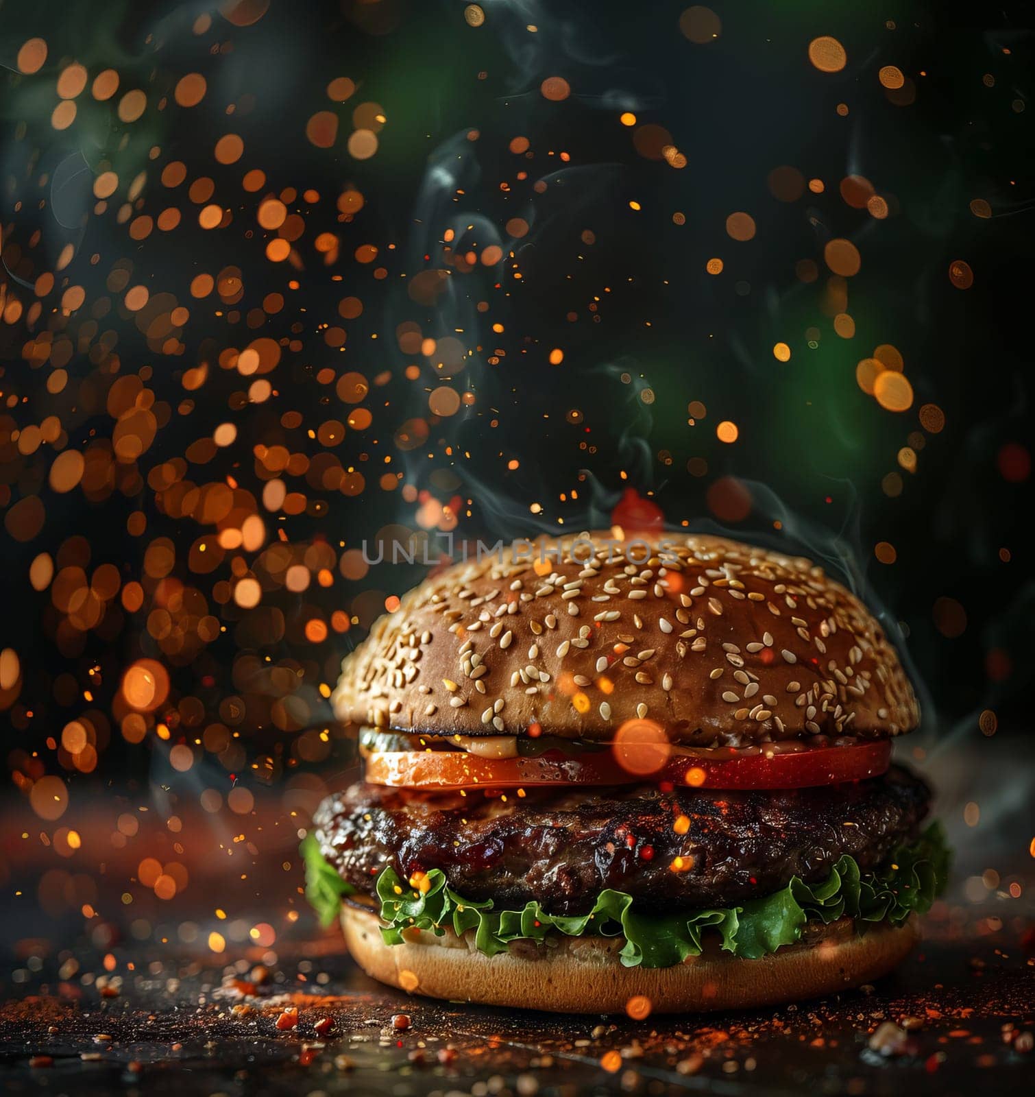 Yummy Burger with Dynamic Particles on Background. Fast Food Advertising Concept by iliris