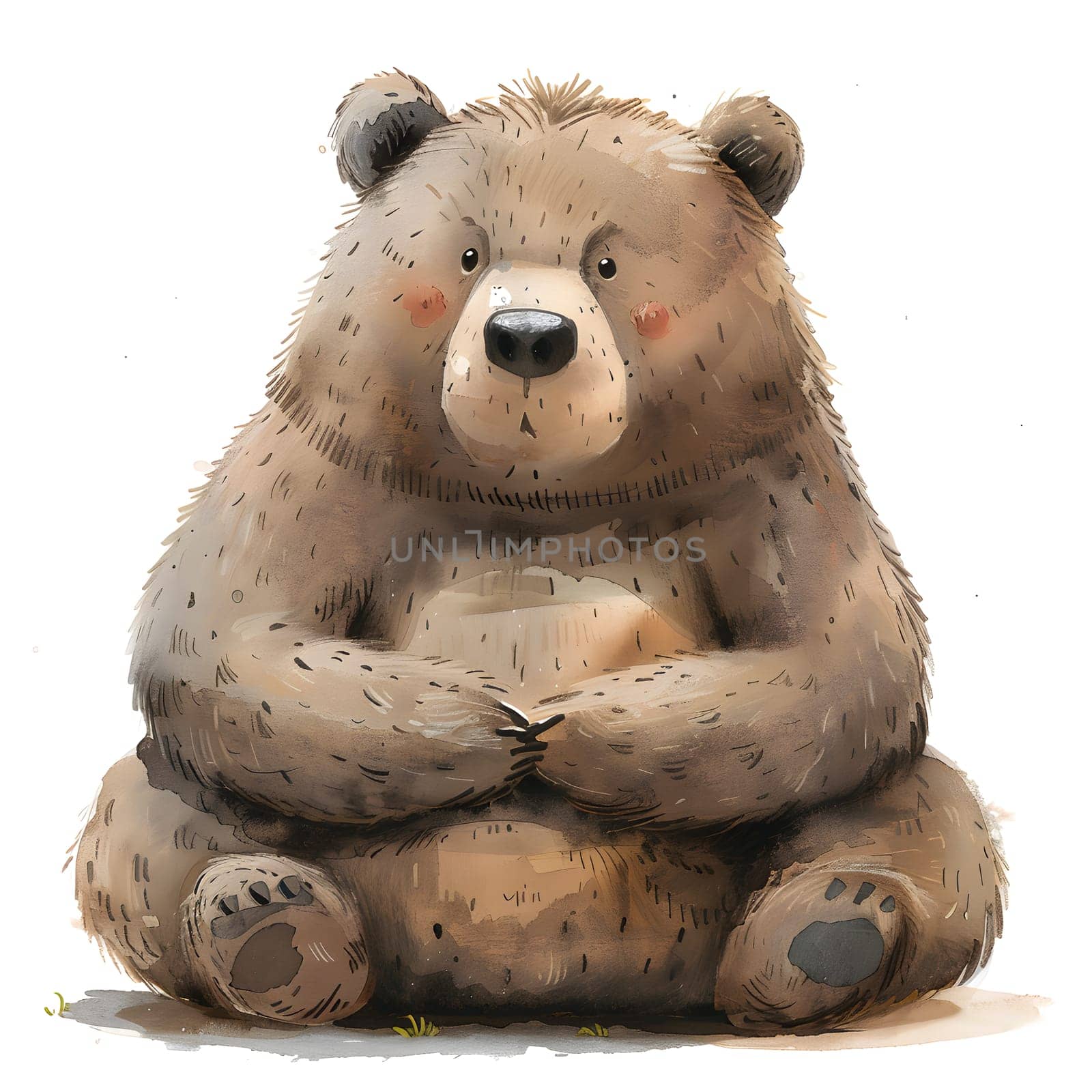 A carnivorous terrestrial animal, the brown bear is sitting with its arms crossed. Its snout points straight ahead, resembling an animal figure. The bear exudes power and confidence