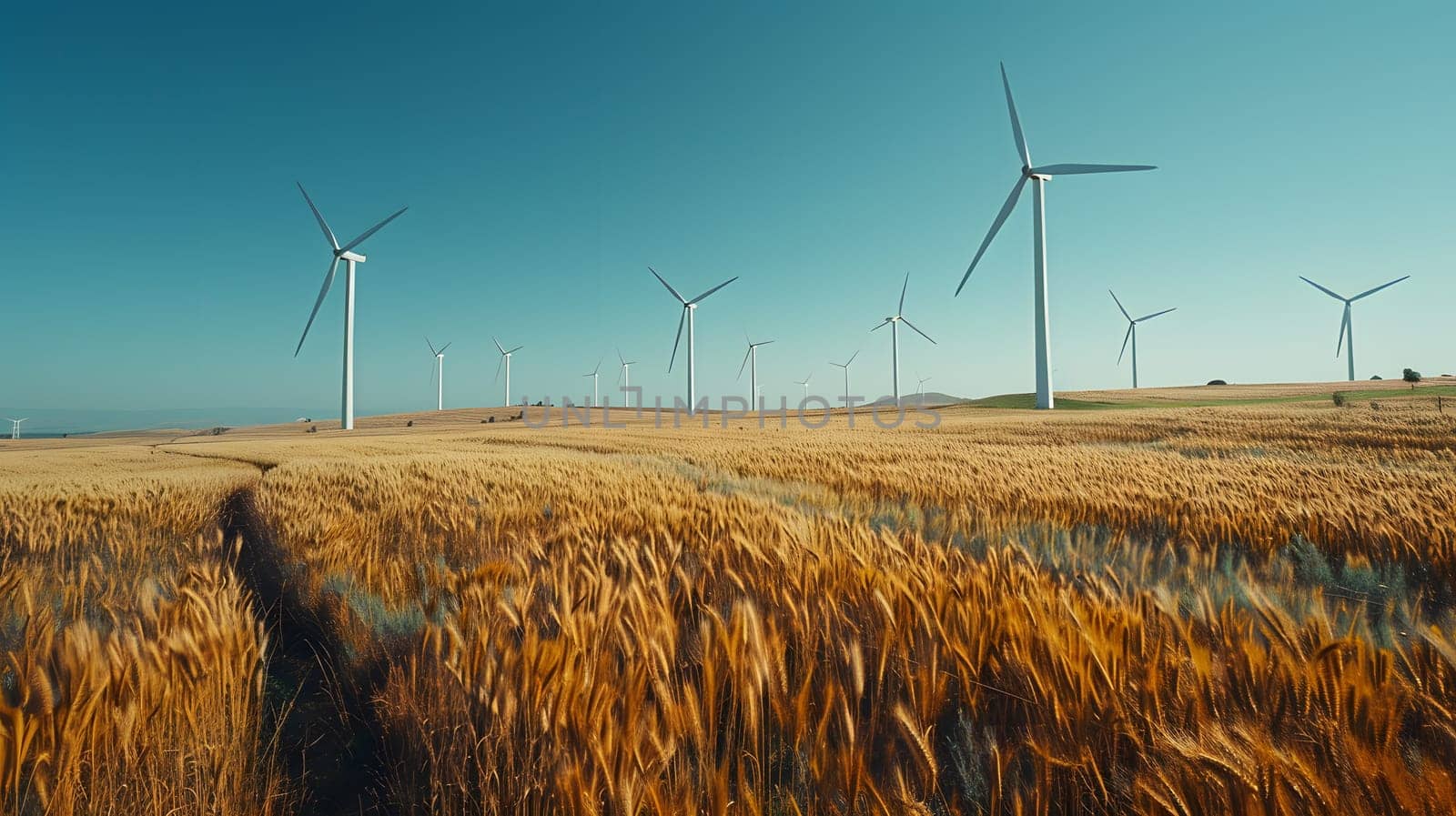 A picturesque natural landscape of a field of wheat with wind turbines in the background, creating a harmonious blend of ecoregion and renewable energy