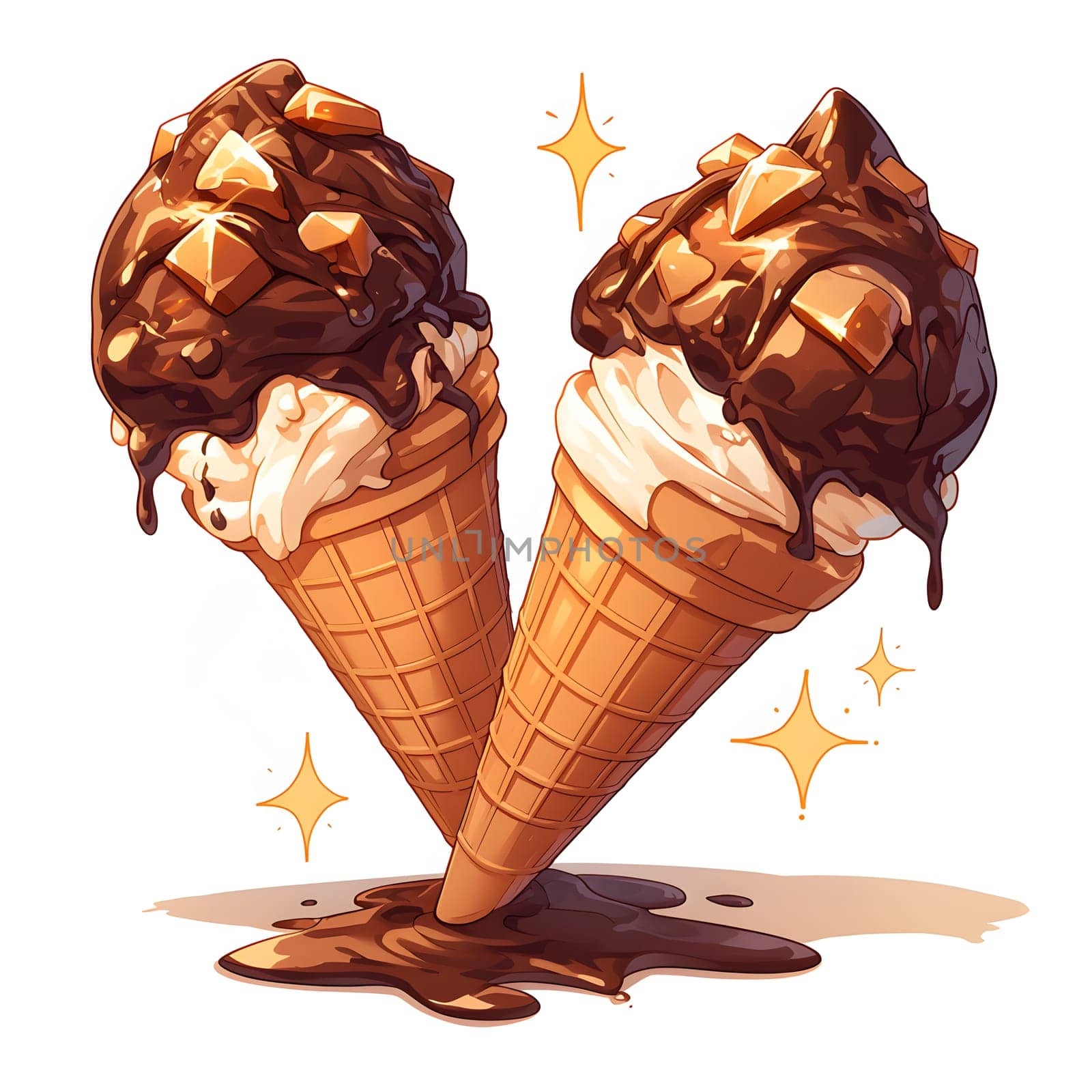 Two ice cream cones with chocolate and caramel toppings stacked together by Nadtochiy