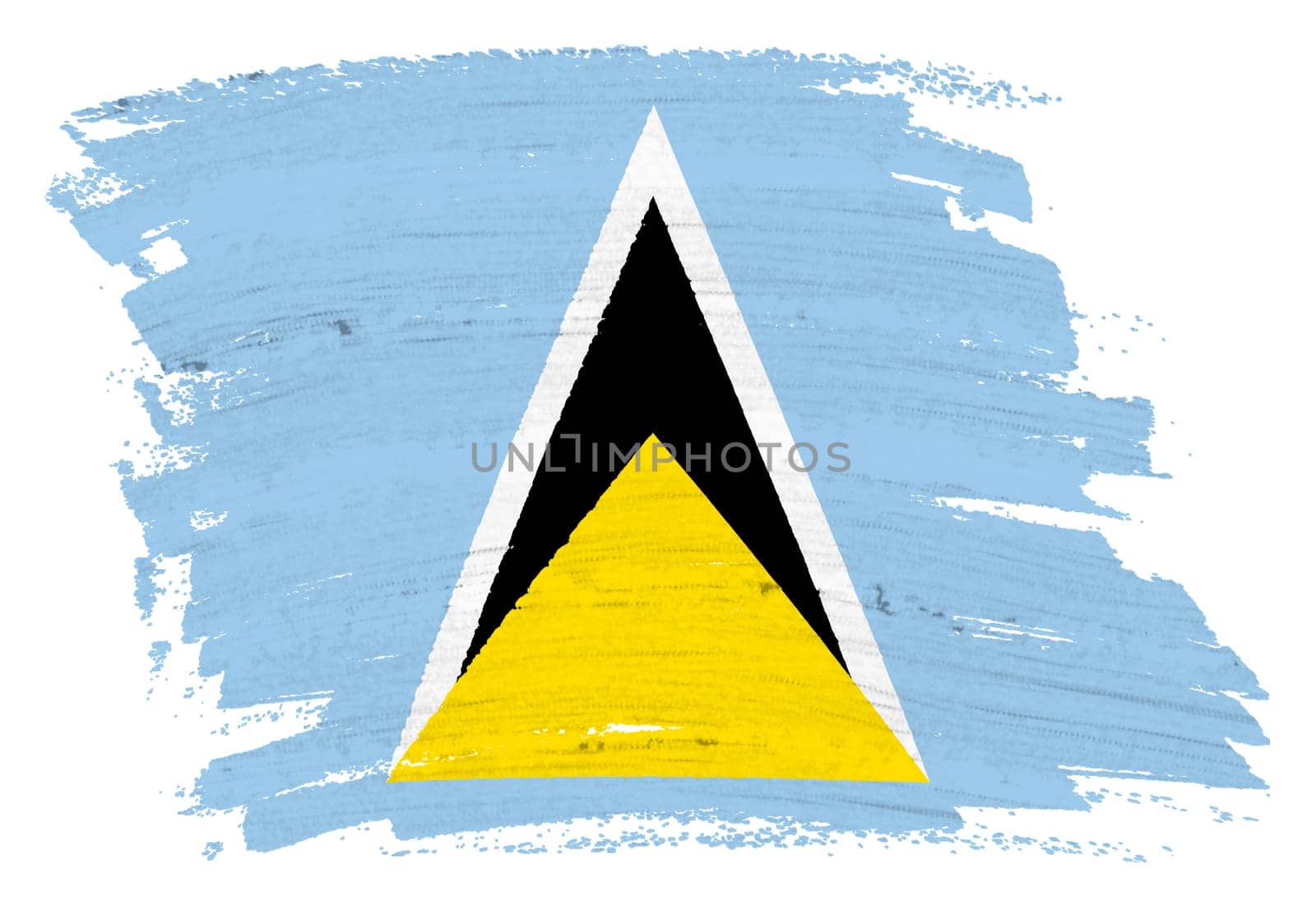 A Saint Lucia flag background paint splash brushstroke 3d illustration with clipping path blue yellow white black triangles