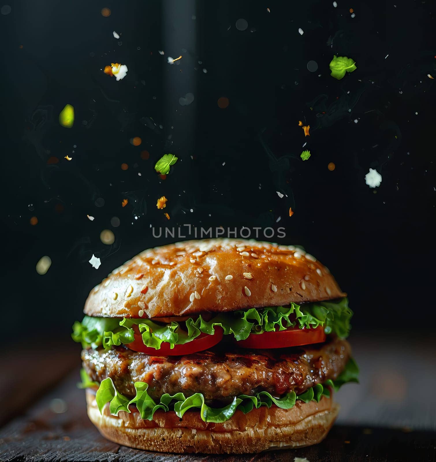 Yummy Burger with Dynamic Particles on Background. Fast Food Advertising Concept. Ai generated