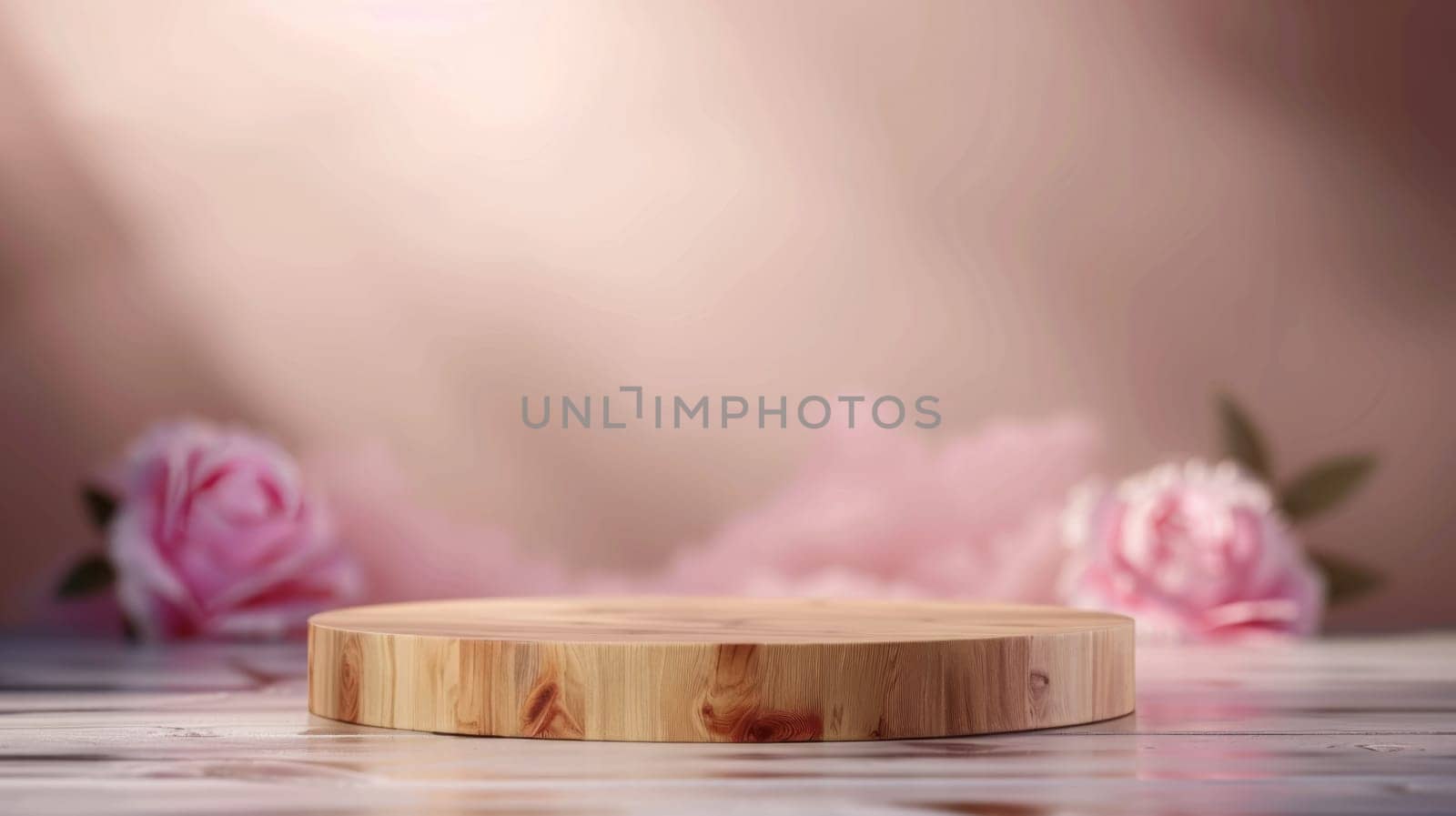 3D Advertising Wooden Empty Podium with Pink Floral Bcakground. Tender Pastel Product Presentation Mockup Template. Ai generated