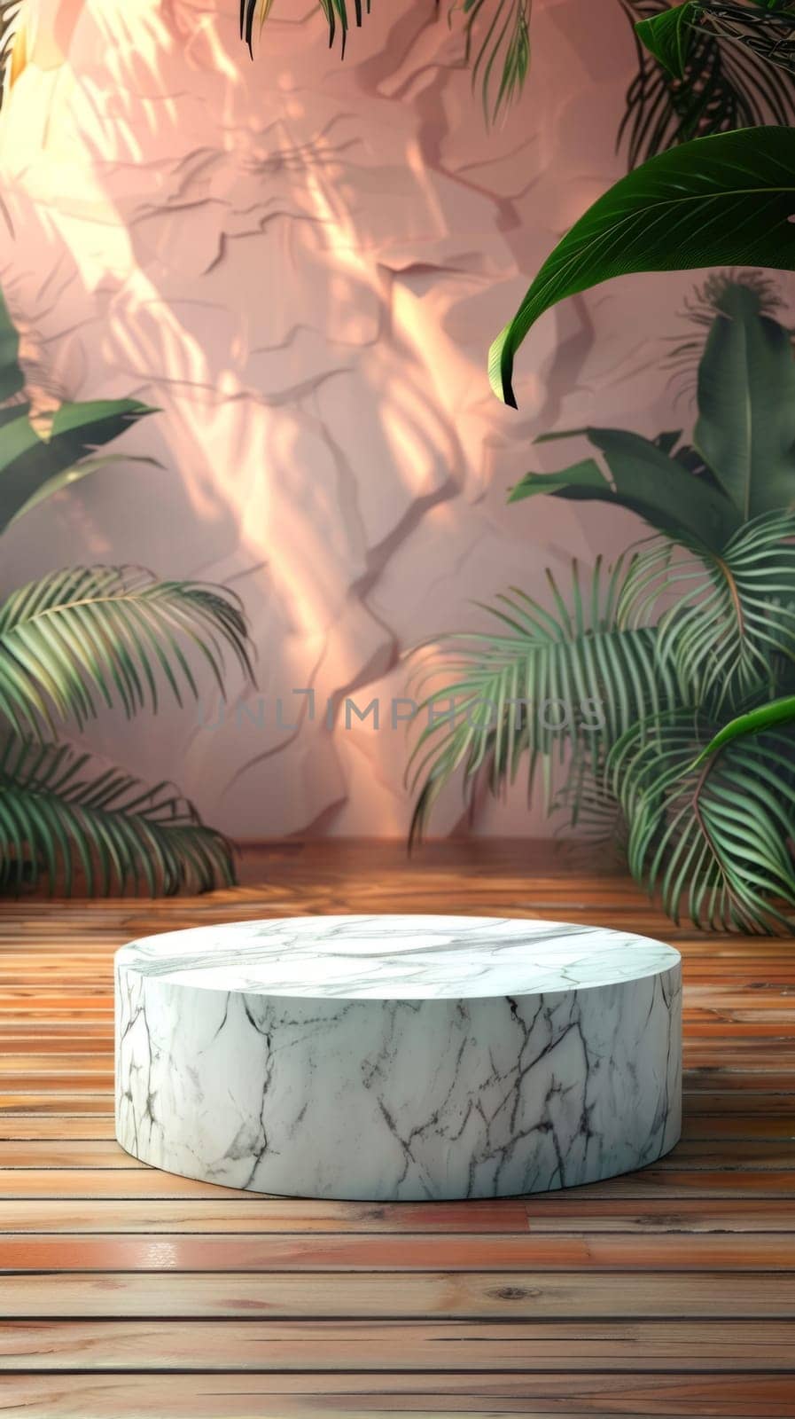 3D Advertising Marble Empty Podium with Natural Background. Tender Pastel Product Presentation Mockup Template. by iliris