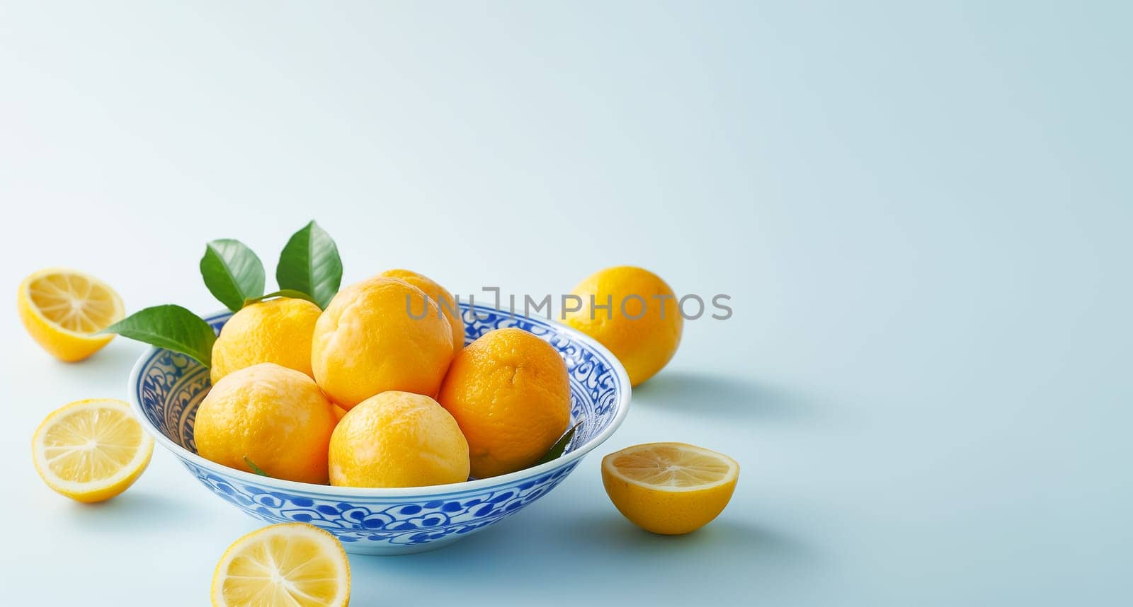 Blue Bowl With Fresh Japanese Yuzu Friuts and Green Leaves on Blue Background, Copy Space for Text. Horizontal. Citrus Exotic Fruit and Plant in the Family Rutaceae. Ai Generated Food by netatsi