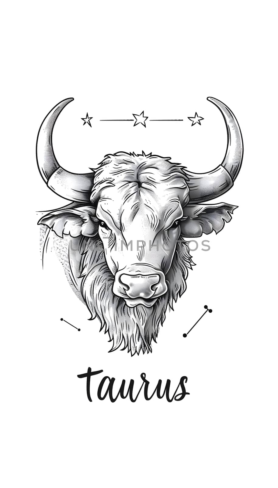 A monochromatic illustration of a bull featuring its powerful head, jaw, and horns. The zodiac sign Taurus is incorporated into the art, showcasing the strength of this terrestrial working animal