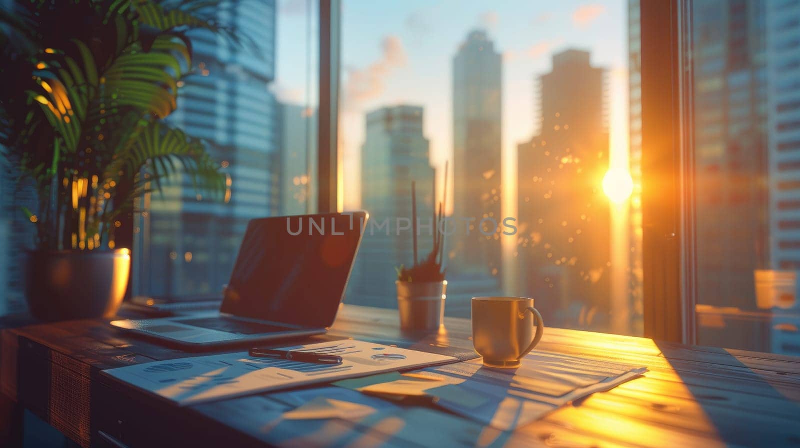 Workplace with laptop comfortable work table in office windows and city view, Generative AI.