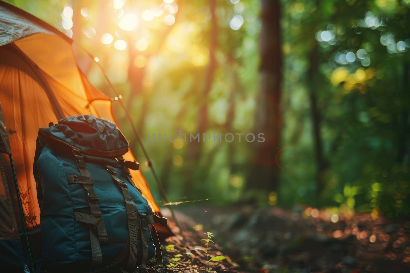 Camping background with blurred forest background and tent, Generative AI by nijieimu